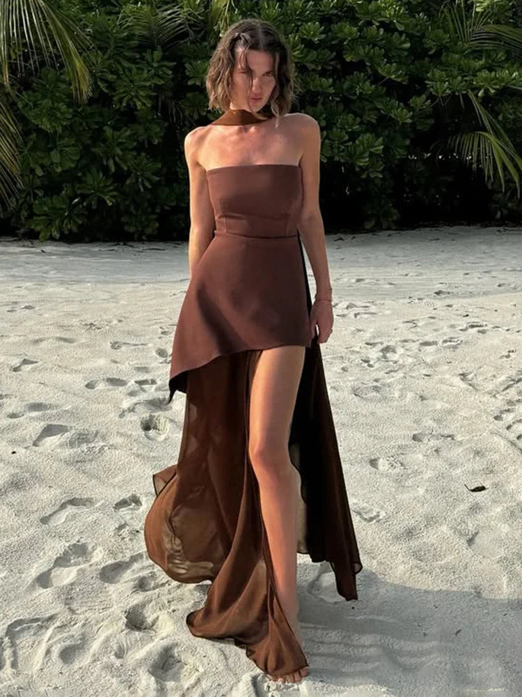 Strapless Ribbon Mesh Beach Midi Dress