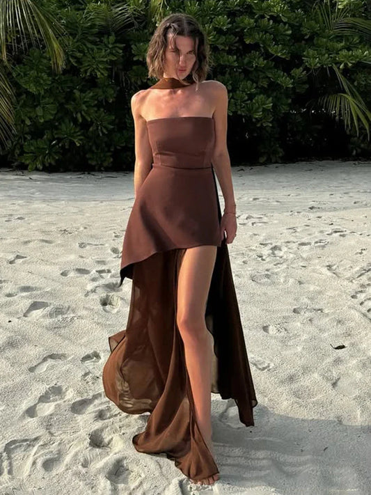 Strapless Ribbon Mesh Beach Midi Dress