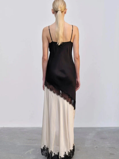 Sling V-Neck Colorblock Backless Long Lace Dress