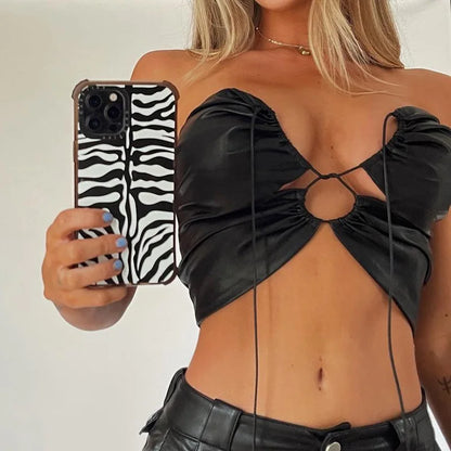 Drawstring PU Leather Halter Strapless