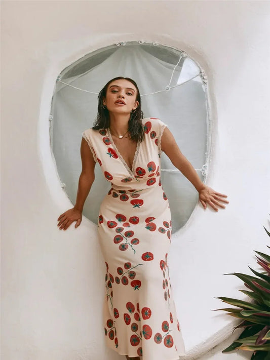 V-neck Lace-up Sleeveless Floral Dress