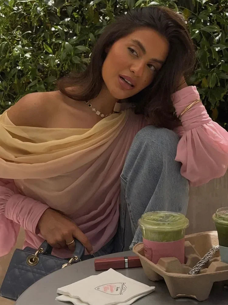 Pink Gradient Chiffon Pleated Blouse