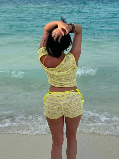 Crochet Stripe Sleeveless Crop Top Two Piece Shorts Set