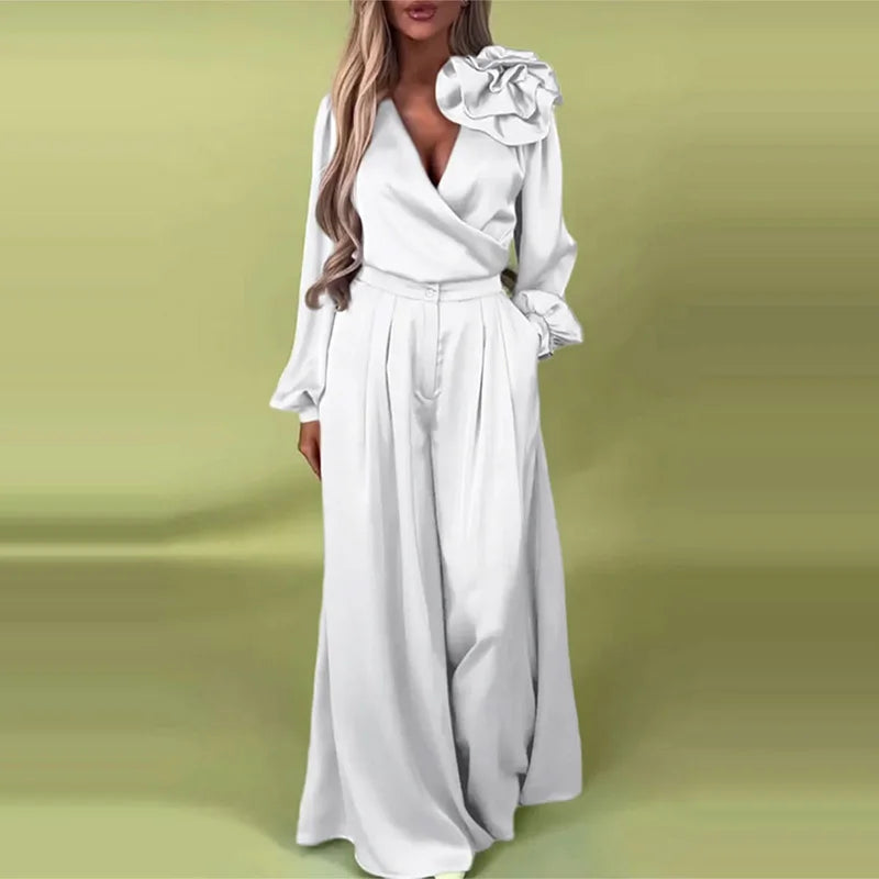 Satin Flower V-Neck Wide Leg Suit