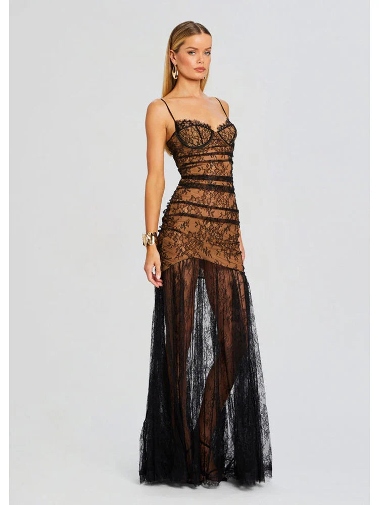 Spaghetti Strap Folds Split Elegant Lace Dress