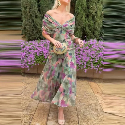 Pleated Bat Sleeve A-Line Floral Dress