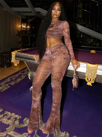 Print Mesh Flared Two Piece Pants Set