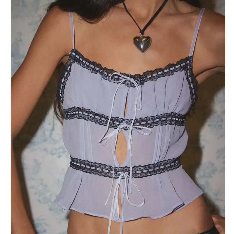 Sheer Mesh Lace Strap V Neck Cami Top