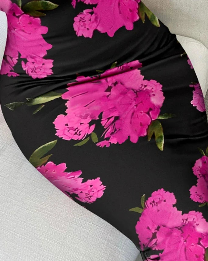 U-neck Lace Trim Bodycon Floral Dress