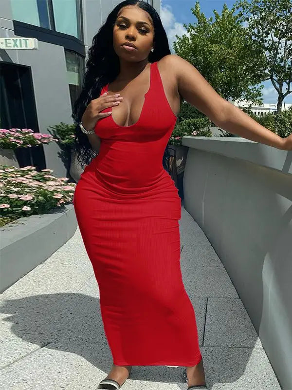 Ribbed Stripe Sleeveless V-neck Midi Dress