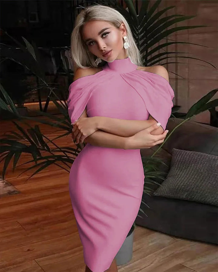 Solid Halter Off Shoulder Hip Package Bodycon Work Dress