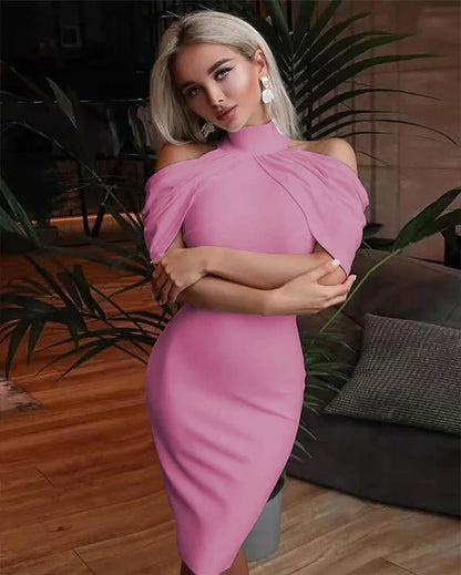 Solid Halter Off Shoulder Hip Package Bodycon Work Dress