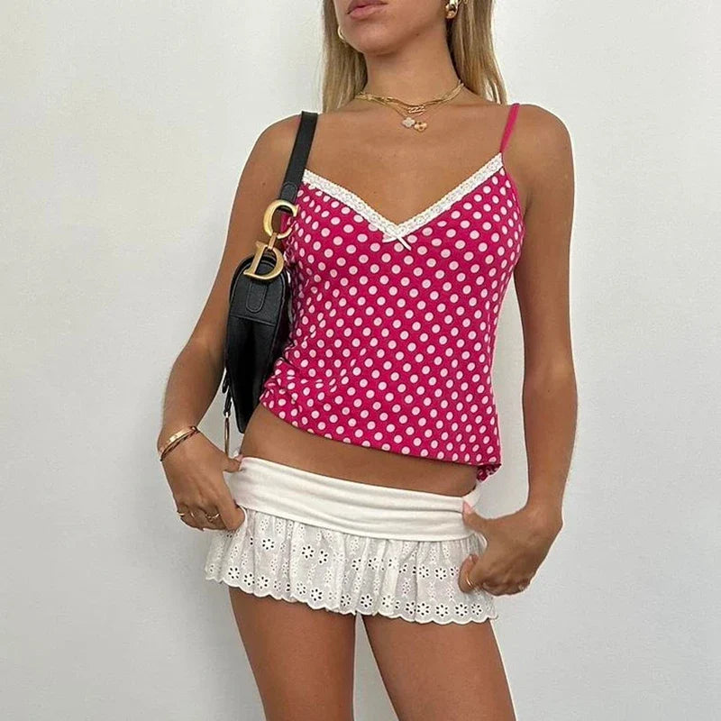 Vintage Polka Dot Lace Trim V Neck Cami Top
