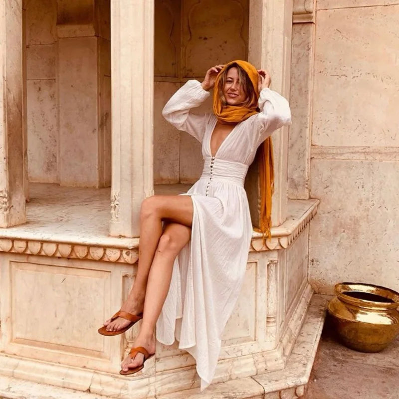 Vintage Solid Color Single-Breasted V-Neck Work Dress