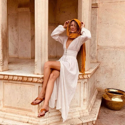 Vintage Solid Color Single-Breasted V-Neck Work Dress