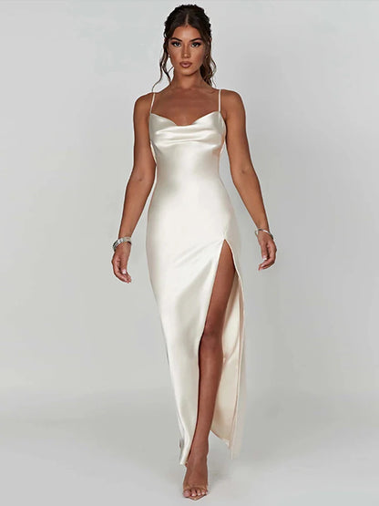 Satin Slit Backless Midi Dress