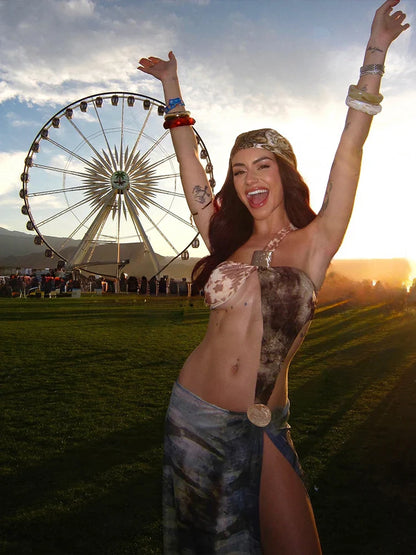 Metal Patchwork Hollow Split Maxi Dress