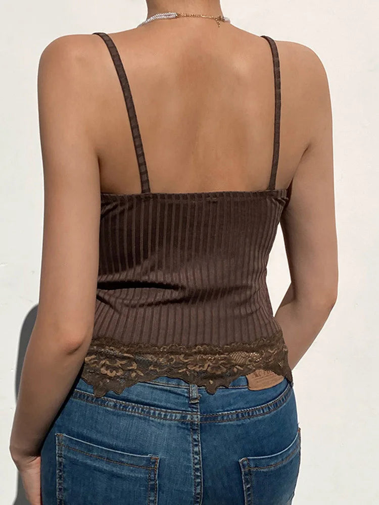 Gothic Basic Bodycon Grunge Lace Trim Cami Top