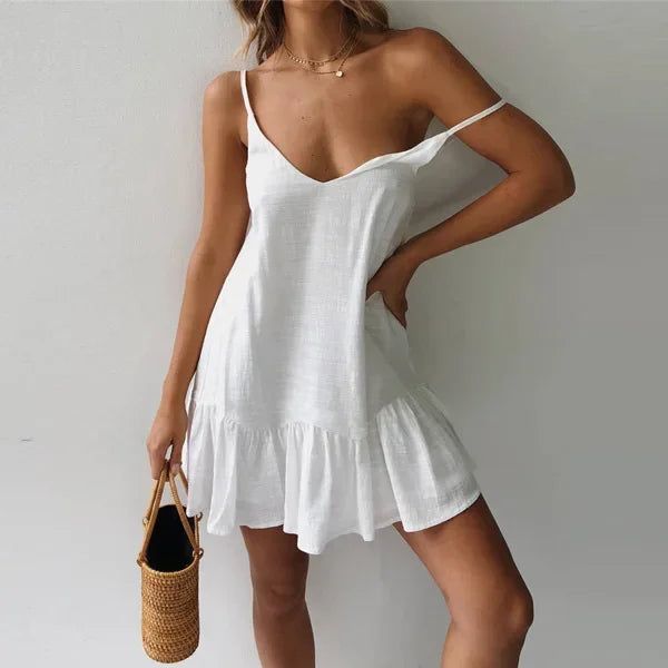 Spaghetti Strap Ruffle Cotton Linen Off Shoulder Slip Dress