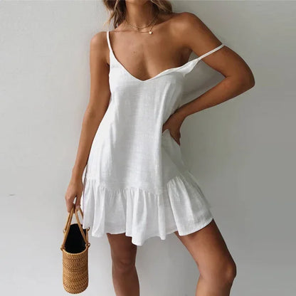 Spaghetti Strap Ruffle Cotton Linen Off Shoulder Slip Dress
