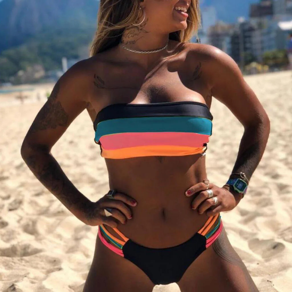 Rainbow Crop Tube Push-Up Two Piece Swim Sets