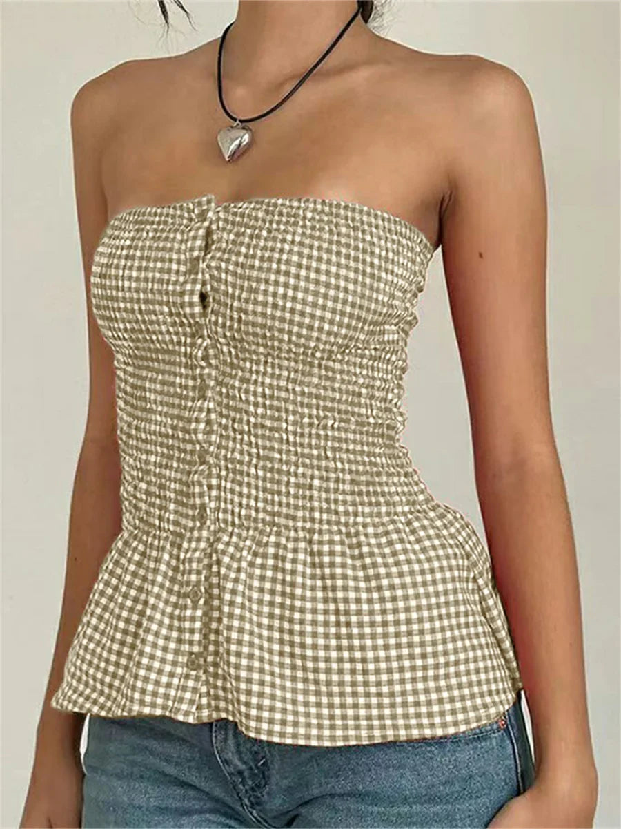 Red Gingham Ruffle Hem Strapless