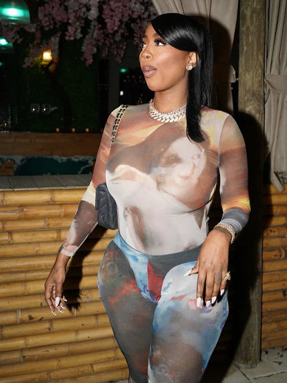 Mesh Panel O-neck Two Piece Pants Set