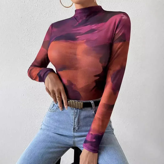 Gradient Patchwork Slim Fit Sheer Top