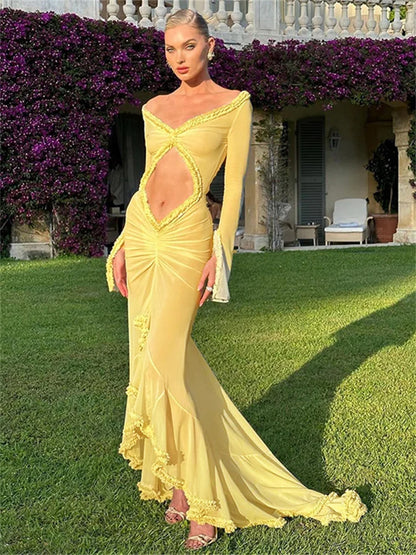 Sheer Hollow Ruffle Lace Maxi Dress