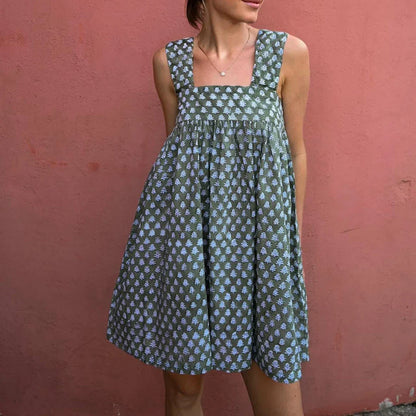 Square Neck Stripe Loose Floral Dress