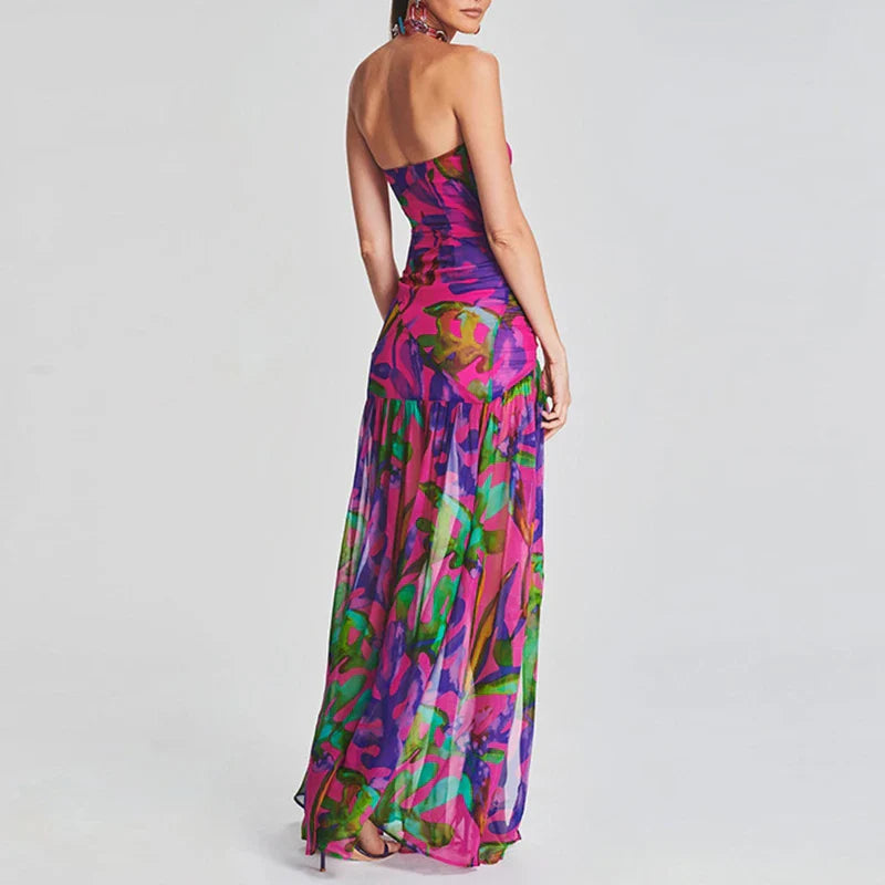 Printed Strapless Pleated Midi Dress