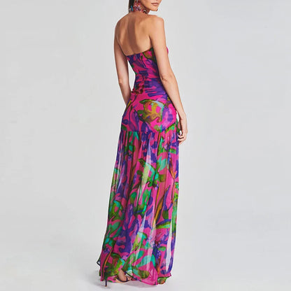 Printed Strapless Pleated Midi Dress