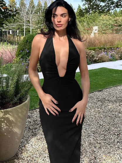 Ruched Deep V-neck Halter Midi Dress