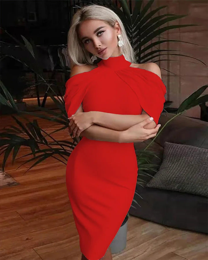 Solid Halter Off Shoulder Hip Package Bodycon Work Dress