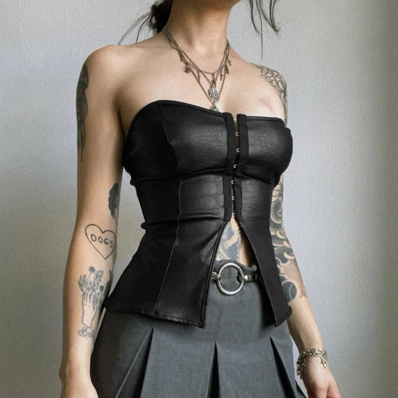 Lychee Pattern Leather Exposed Navel Strapless