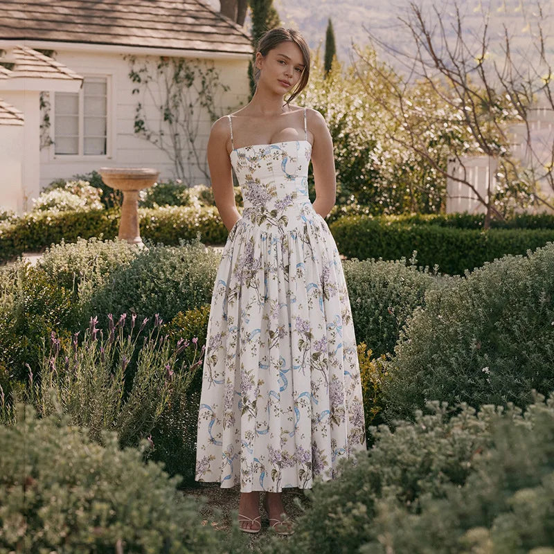 Pleated Print A-line Spaghetti Summer Dress
