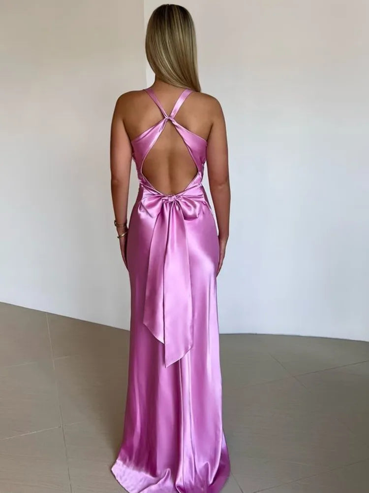 Satin Ruched Backless Maxi Dress