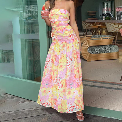 Strapless Pleated A-Line Floral Dress