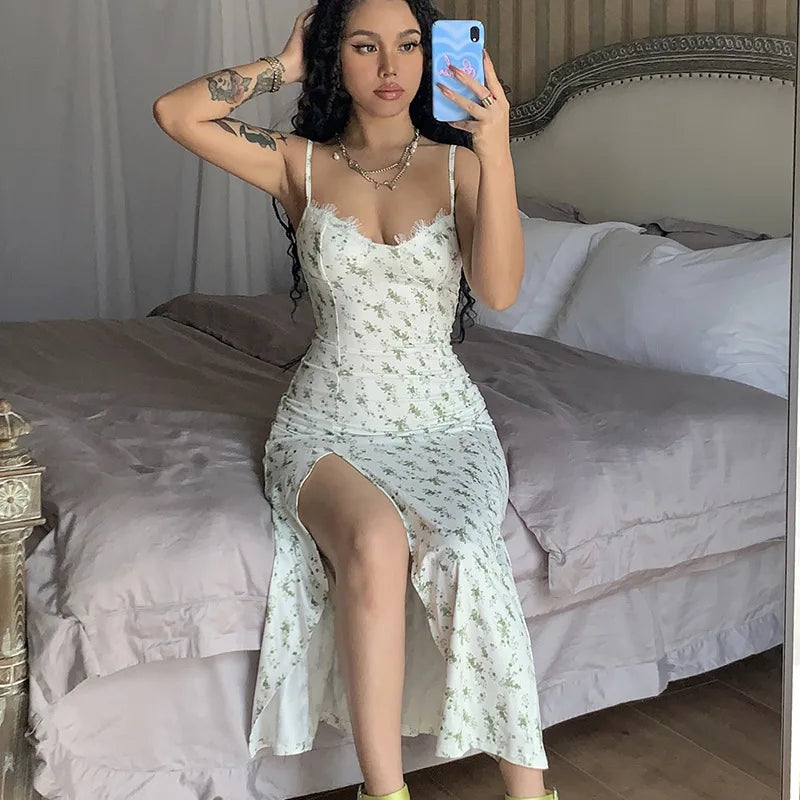 Slip Slit Midi Ruffle Floral Dress