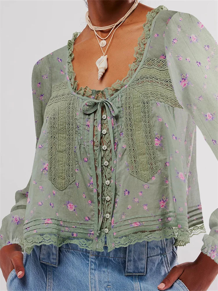 Women Long Sleeve Loose Casual Lace Patchwork Blouse