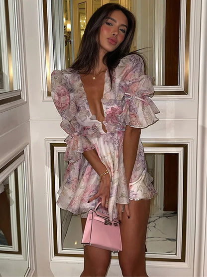 Patchwork Floral Mesh V Neck Mini Dress