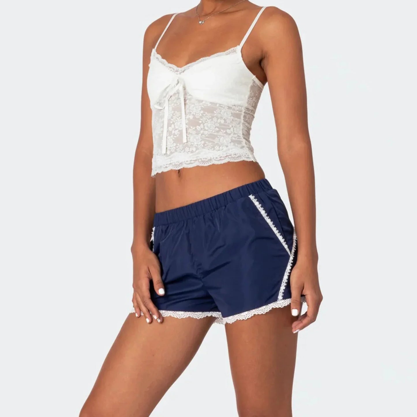 Y2K Lace See-through Sheer Tie-Up Spaghetti Strap Cami Top