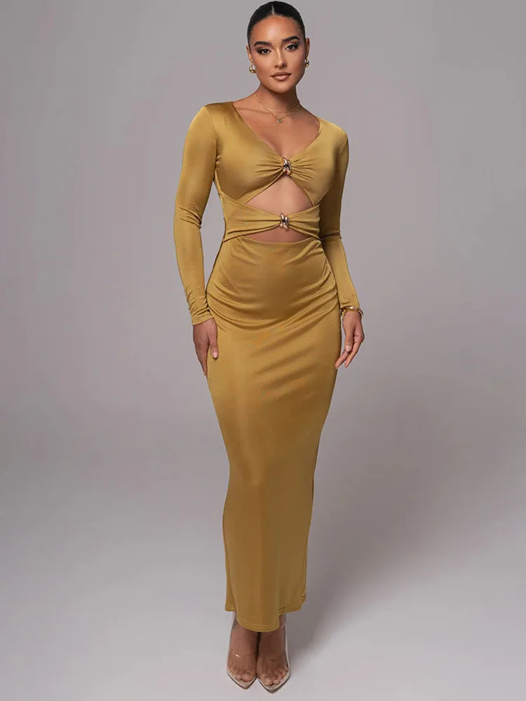 Hollow Long Sleeve Bodycon Midi Dress