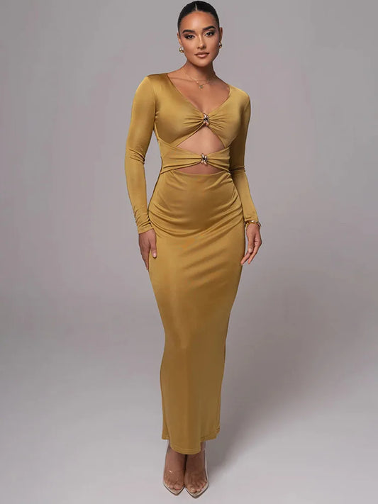 Hollow Long Sleeve Bodycon Midi Dress