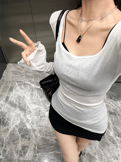 Mesh Irregular Long Sleeve Sheer Top