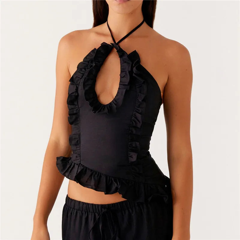 Ruffle Frill Cute Y2K Front Cut-out Backless Cami Top
