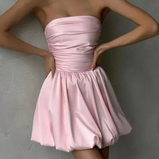 Sexy Bandeau Off Shoulder Pleated Silk Dress