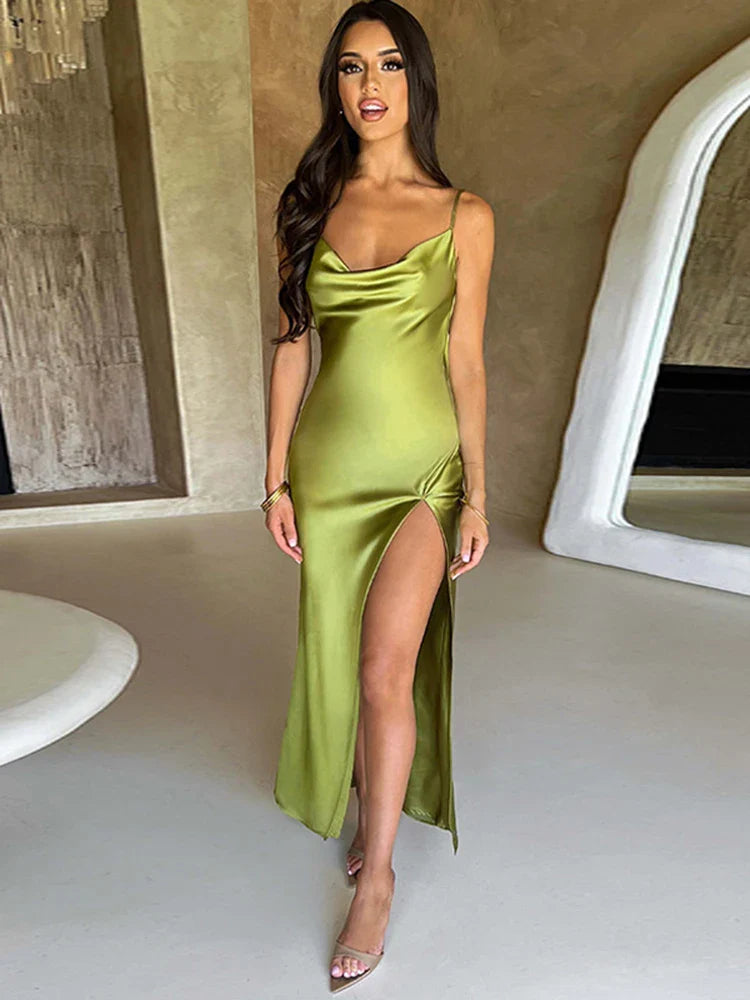 Satin Slit Backless Midi Dress