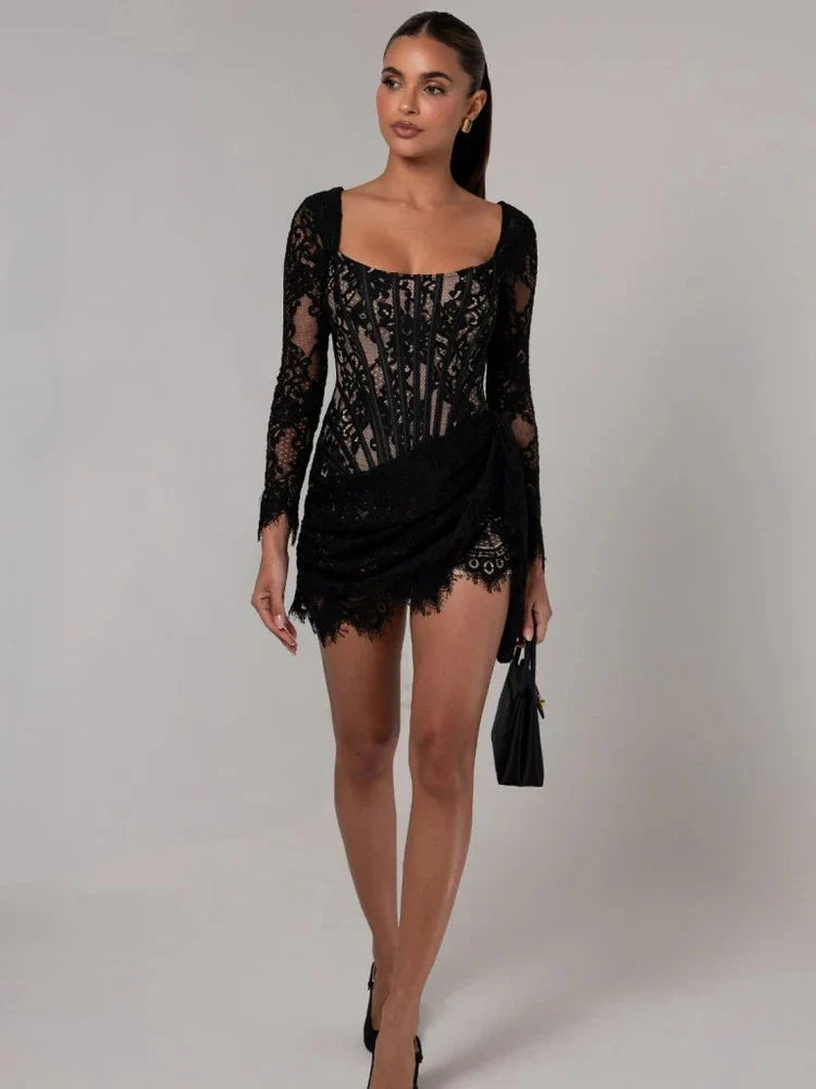 Corset Draped Square Collar Ruched Lace Dress