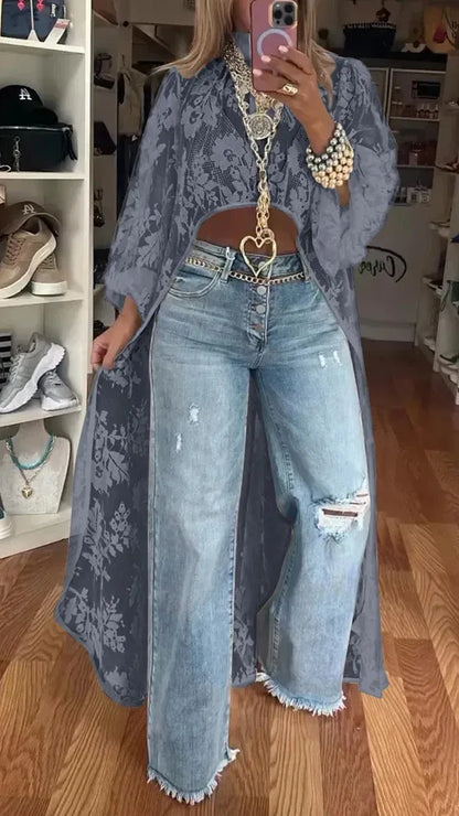 Lace Floral High Neck Puff Sleeve Blouse